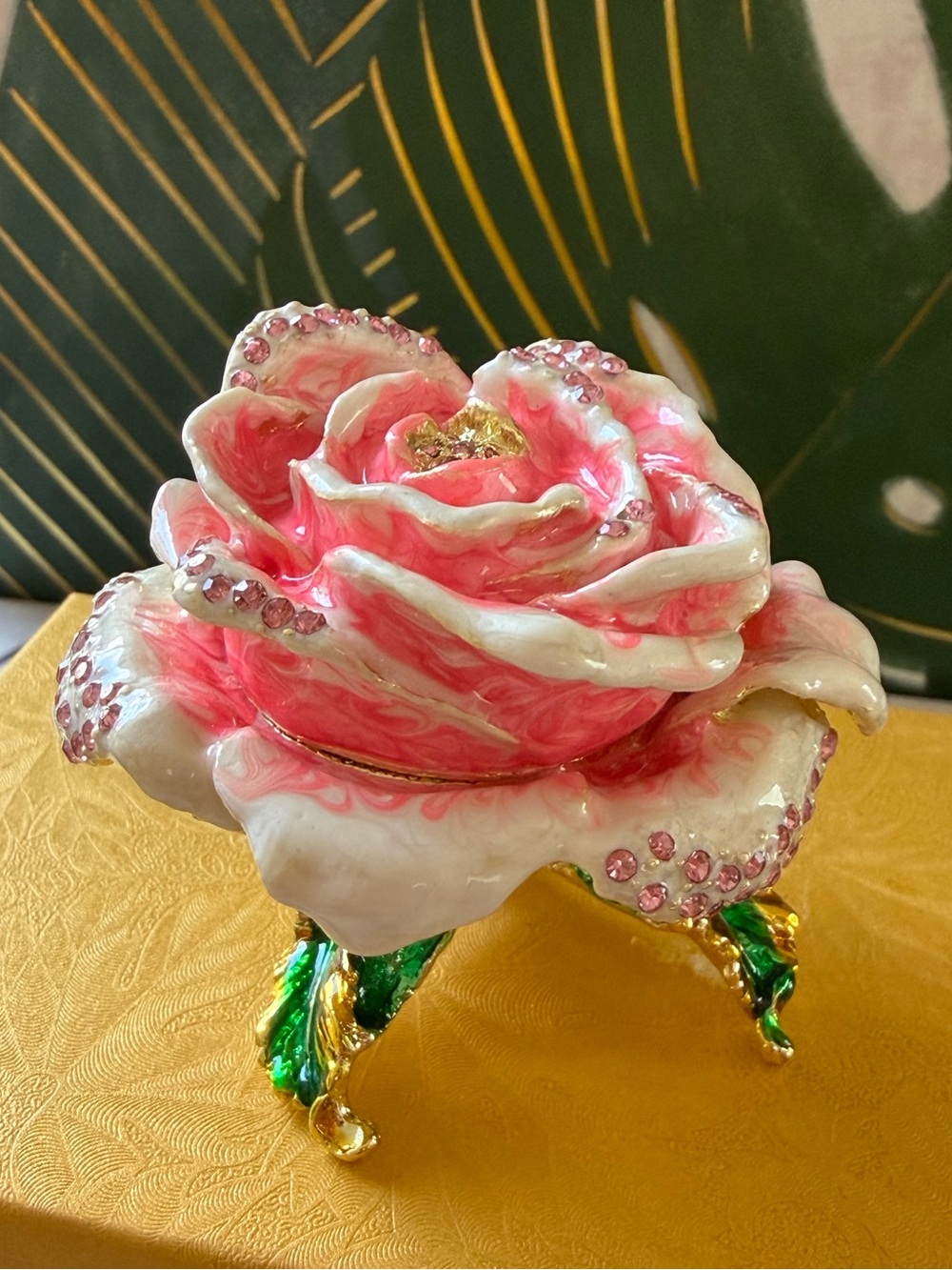 Pink Rose Jeweled Trinket Box Crystal Enamel Jewelry Keepsake NIB